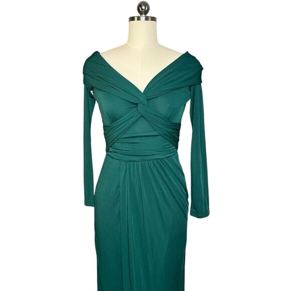 Zac Posen Green Twisted Wrap Off the Shoulder Gown  size 2 - Picture 5 of 10